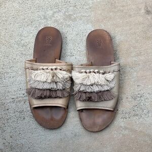 Fringe Slide Sandals - Grey and Cream